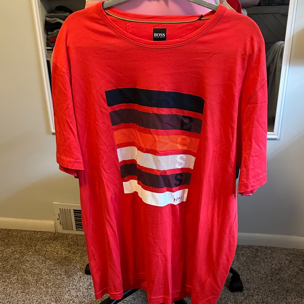 Boss Men's Red and Black Striped Tee